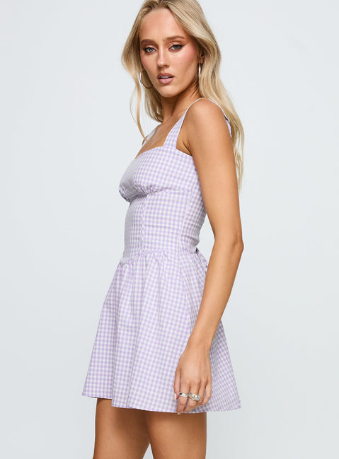 side view of model wearing Princess Polly Gentle Soul Mini Dress Purple Multi Sweetheart Neckline 