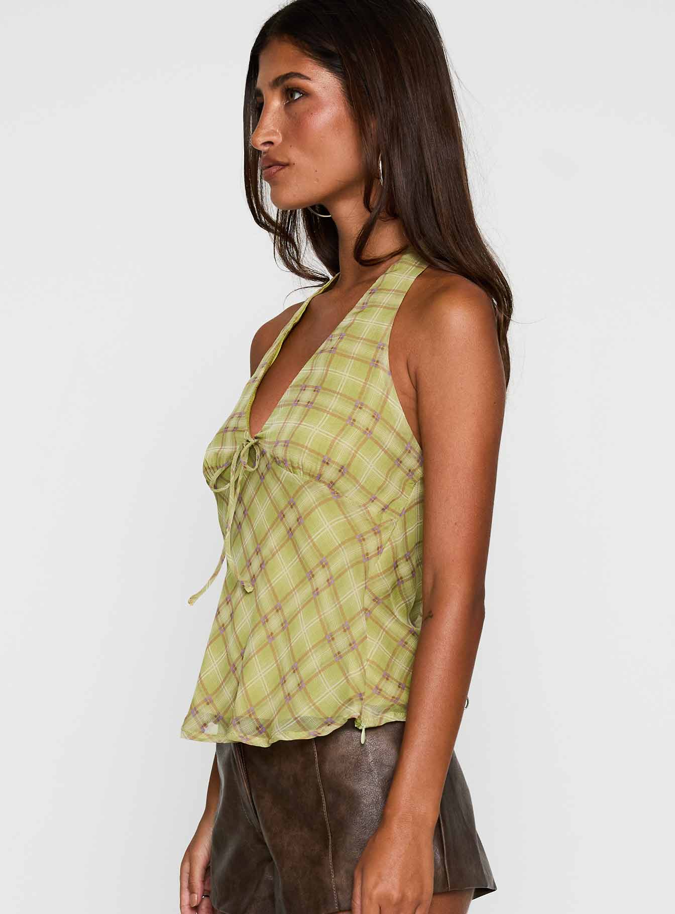 side view of model wearing Princess Polly Amalthea Top Green Check Sleeveless Plunger 