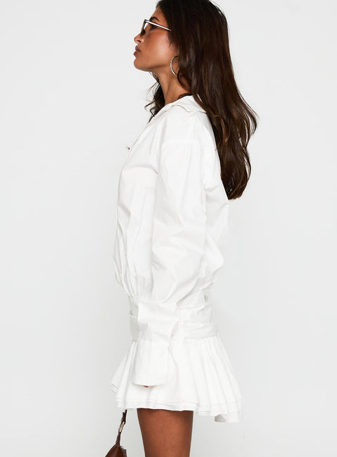 side view of model wearing Princess Polly Girls Girls Girls Mini Dress White V-Neck 