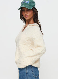 side view of model wearing Princess Polly Brodey Collared Cable Knit Sweater Cream Long 