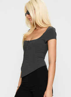 side view of model wearing Princess Polly Memory Bliss Asymmetrical Top Grey Short Sleeves Square Neck 