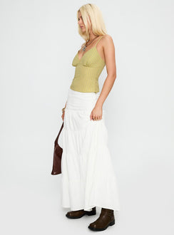   side view of model wearing Princess Polly Snowy River Tiered Maxi Skirt White Maxi 