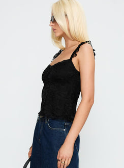 side view of model wearing Princess Polly Madaleine Lace Top Black Sleeveless Scoop Neck 