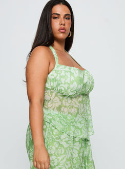 side view of model wearing Princess Polly Finesse Halter Top Green Floral Curve Sleeveless Square Neck 
