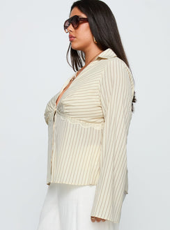 side view of model wearing Princess Polly Life Begins Long Sleeve Lace Trim Top Cream Stripe Curve Full Sleeves Plunger 