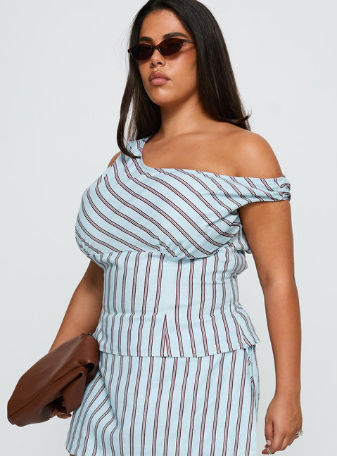 side view of model wearing Princess Polly Del Rio Off The Shoulder Top Blue / Maroon Curve Sleeveless Asymmetric Neckline 