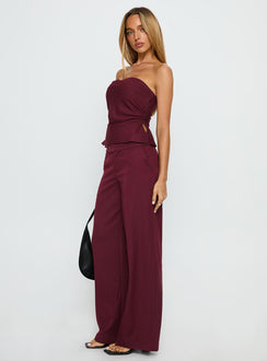 side view of model wearing Princess Polly Jinny Relaxed Buckle Tailored Pants Berry Pinstripe Low Rise Pants 