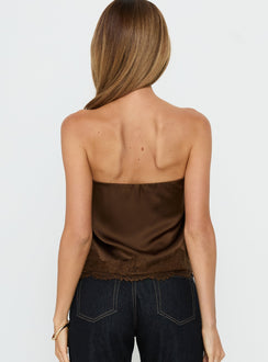 Sheyla Strapless Satin Lace Trim Top Chocolate