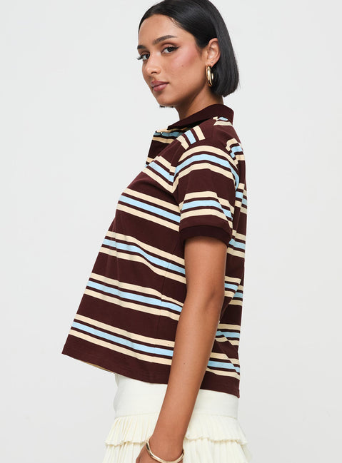 side view of model wearing Princess Polly Leisure Polo Chocolate Multi Short Sleeves High Neck 