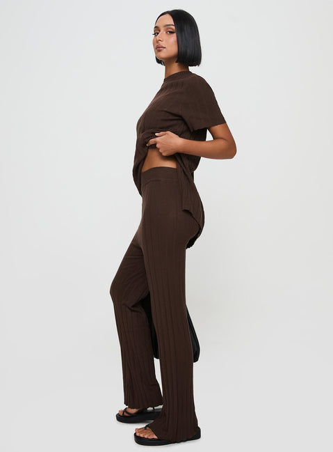 side view of model wearing Princess Polly Palomia Ribbed Pants Chocolate High Waisted Pants 