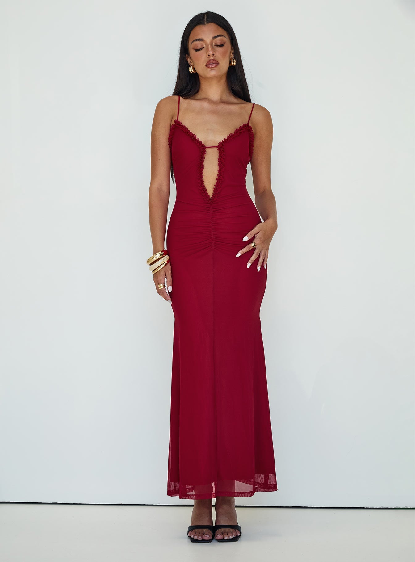 front view of model wearing Princess Polly Capisce Maxi Dress Red Plunger 
