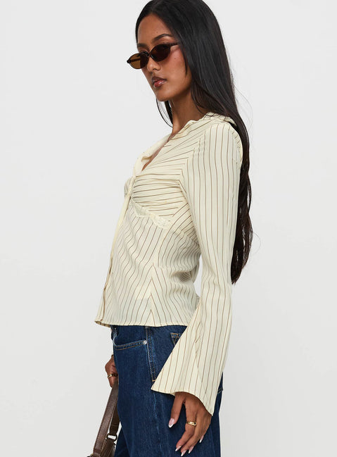 side view of model wearing Princess Polly Life Begins Long Sleeve Lace Trim Top Cream Stripe Full Sleeves V-Neck 