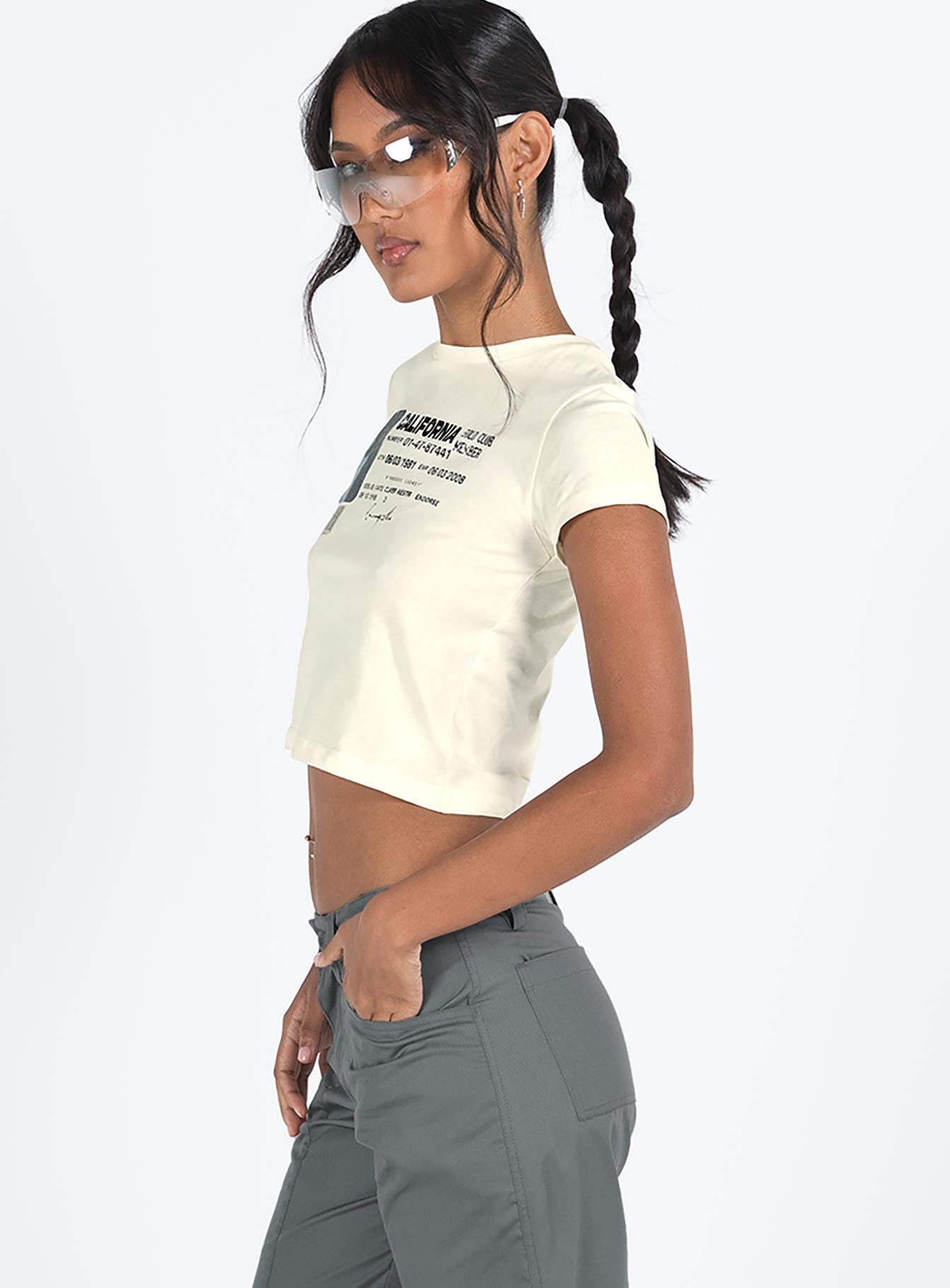 side view of model wearing Princess Polly Check Ur Id Top Ivory Short Sleeves Crew Neck 