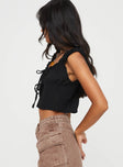 Sheer crop top Ruffle detailing, short elasticated sleeves, tie fastening at bust and front