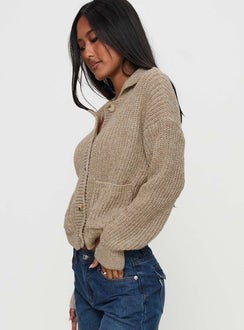 side view of model wearing Princess Polly Darcel Button Up Knit Cardigan Mocha 