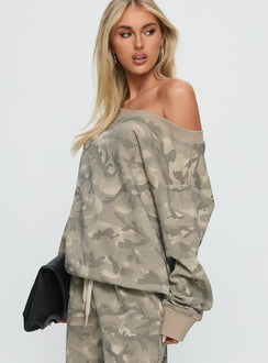side view of model wearing Princess Polly Wellness Off The Shoulder Jumper Washed Camo 
