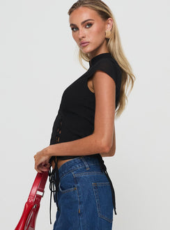 side view of model wearing Princess Polly Valkyrie Top Black Short Sleeves High Neck 