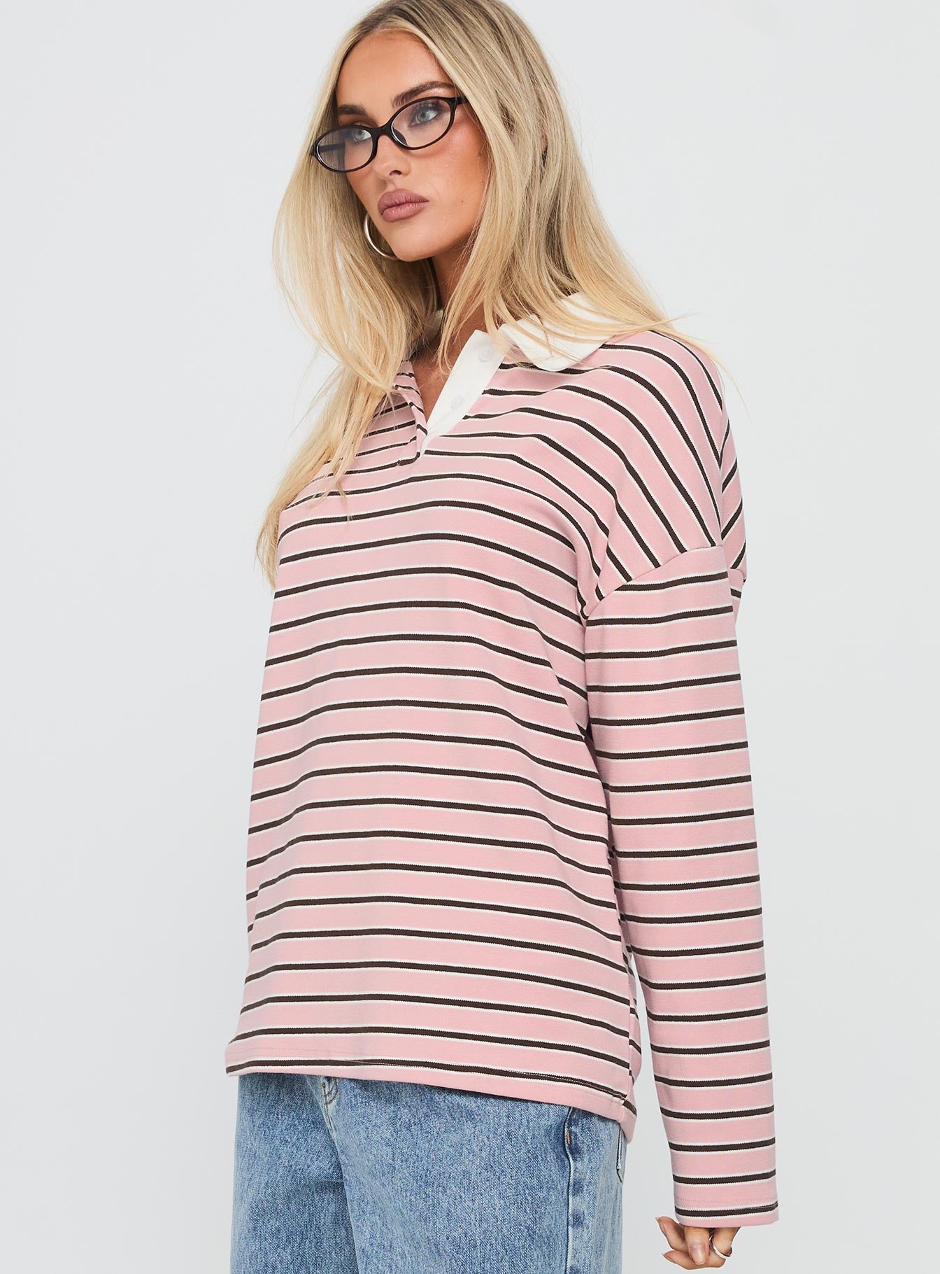 side view of model wearing Princess Polly High Regard Collared Jersey Pink Stripe Cropped 