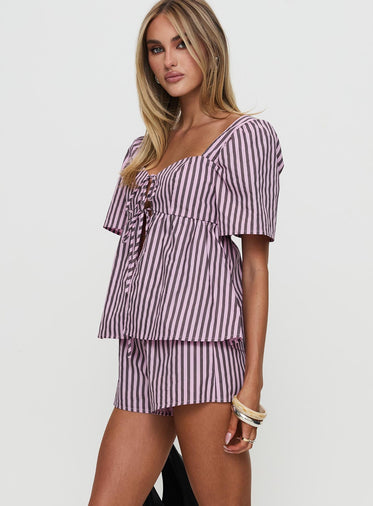 Two Young Hearts Tie Up Set Pink / Brown Stripe