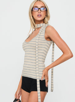 Roana Reversible Scarf Tie Knit Top Grey Stripe