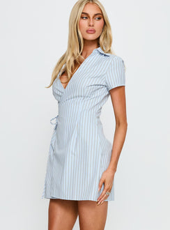 Amarita Wrap Collared Mini Dress Blue Stripe