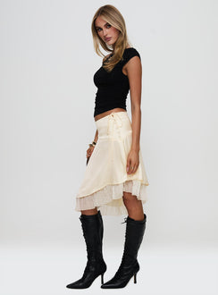   side view of model wearing Princess Polly Rosemead Satin Midi Skirt Cream Midi Skirts 