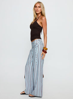 side view of model wearing Princess Polly Silver Moon Linen Blend Tie Pants Blue / Maroon Stripe Mid Rise Pants 