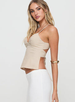 side view of model wearing Princess Polly Hopelessly Devoted Top Beige Sleeveless Plunger 