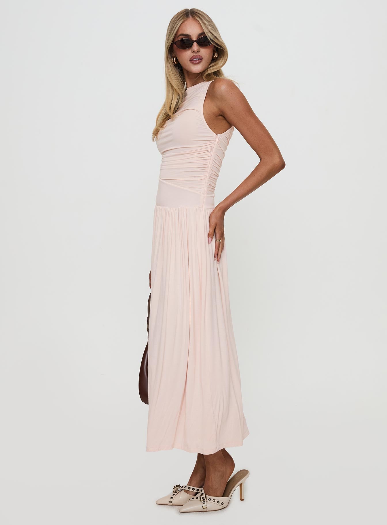 side view of model wearing Princess Polly Reveur Ruched Maxi Dress Pink High Neck 