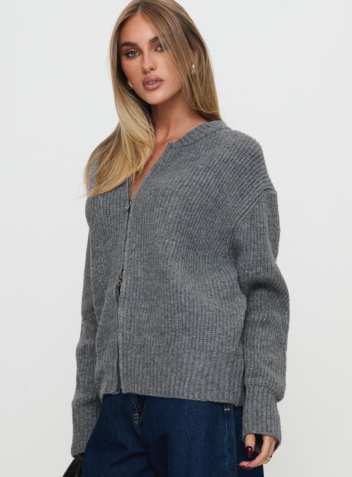 side view of model wearing Princess Polly Lexene Zip Through Jumper Grey Longline Jumpers Jumpers 