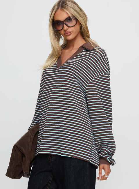 side view of model wearing Princess Polly Rigbys Collared Jumper Brown / Blue Stripe Longline Jumpers 