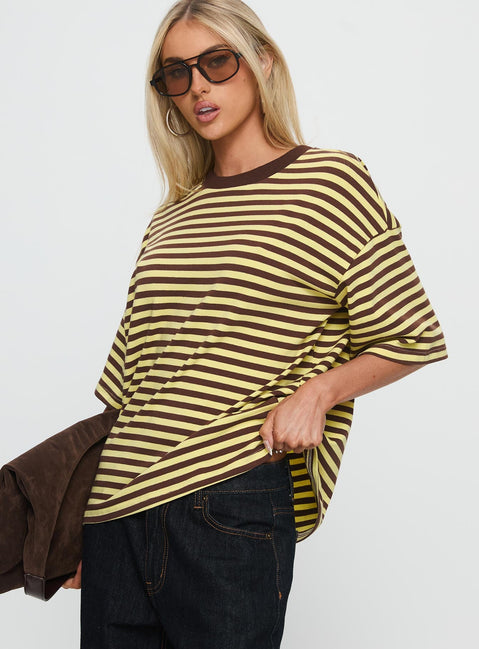 Settle Down Short Sleeve Top Yellow / Brown Stripe