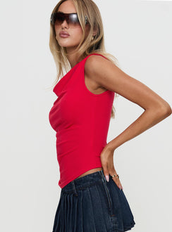 side view of model wearing Princess Polly Coretta Ruched Asymmetrical Top Red Sleeveless Cowl 