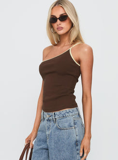 Hold It Down One Shoulder Contrast Top Chocolate / Yellow
