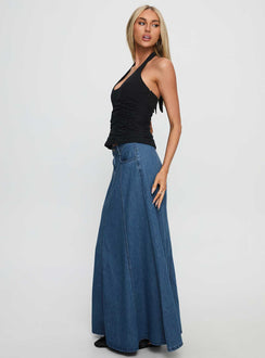   side view of model wearing Princess Polly Charleigh Soft Pleat Denim Maxi Skirt Mid Blue Wash Maxi 