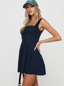side view of model wearing Princess Polly Wait For You Mini Dress Navy Square Neck 