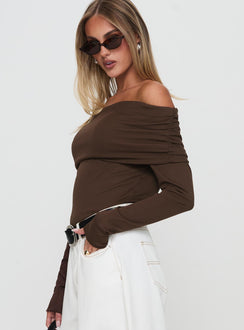 side view of model wearing Princess Polly Spoilt Off The Shoulder Bodysuit Brown Long Sleeve Tops 