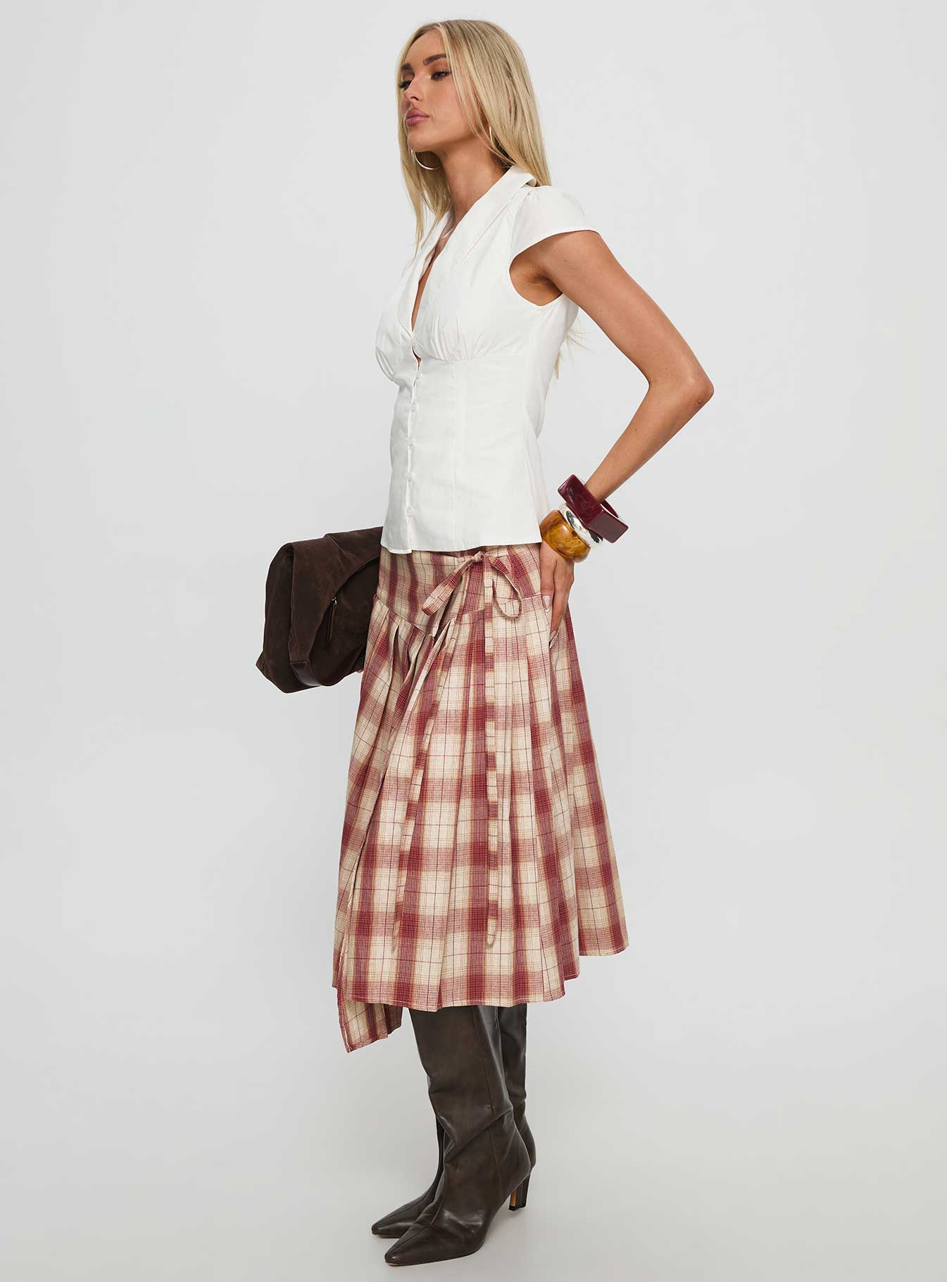   side view of model wearing Princess Polly Norie Wrap Pleat Midi Skirt Red Plaid Midi Skirts Skirts 