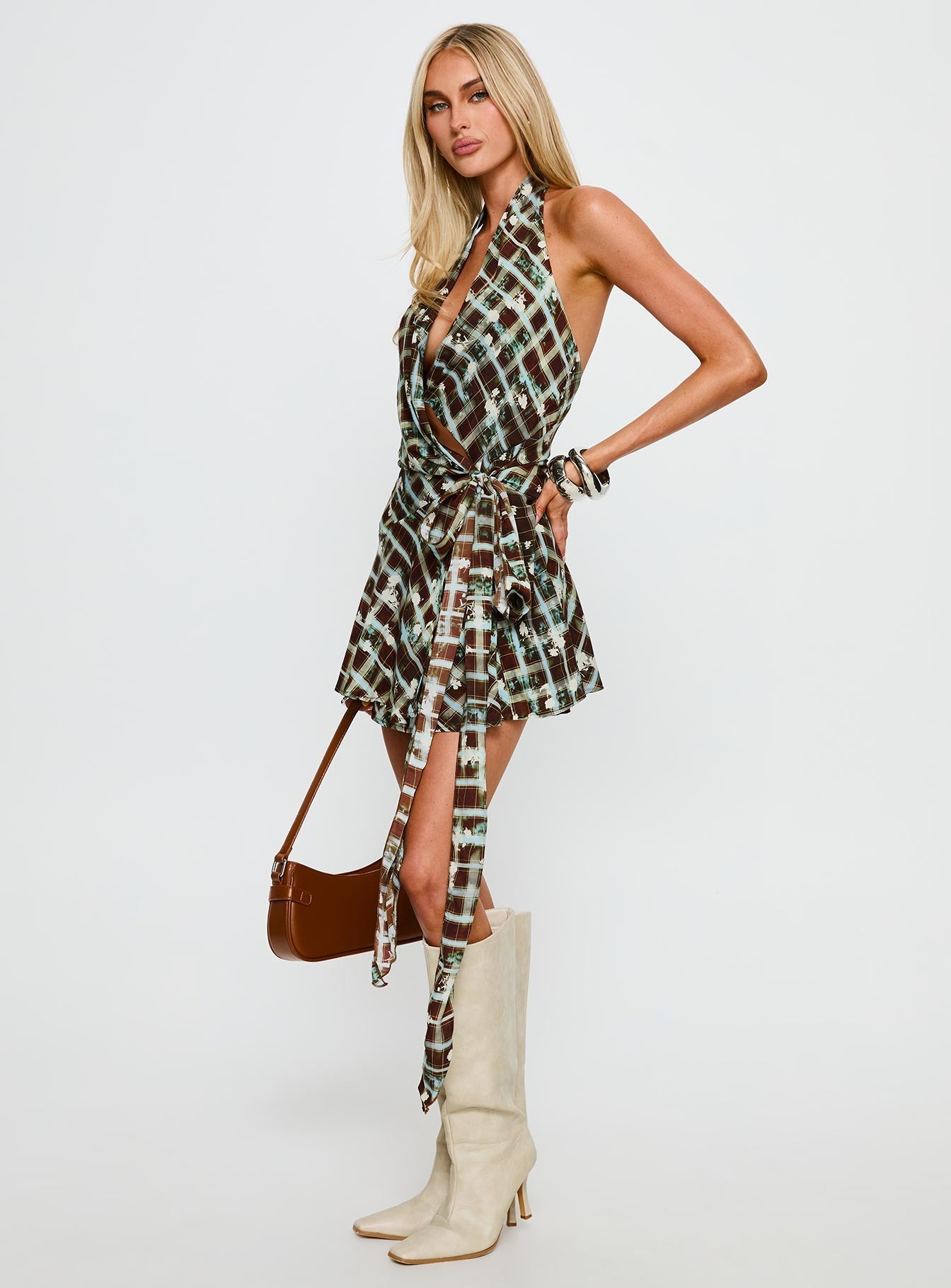 Brissa Halter Wrap Mini Dress Brown Multi