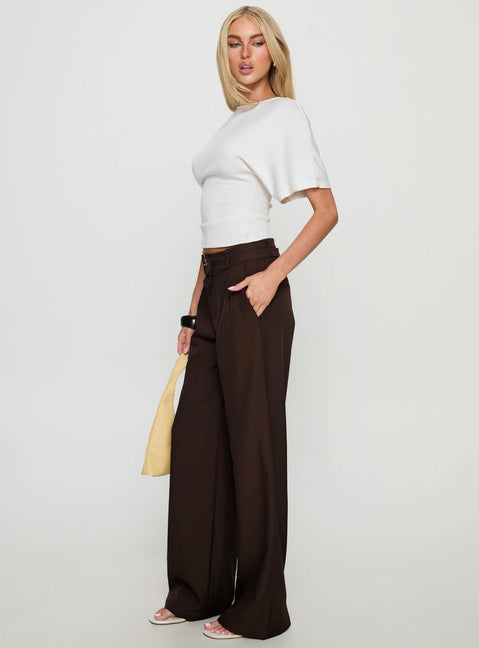 side view of model wearing Princess Polly Wylma Belt Detail Tailored Pants Chocolate High Rise Pants 