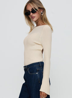 side view of model wearing Princess Polly Mayok Long Sleeve Bodysuit Beige Long Sleeve Tops Bodysuit 