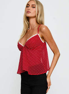 Darlyne Lace Trim Cami Top Red Polka