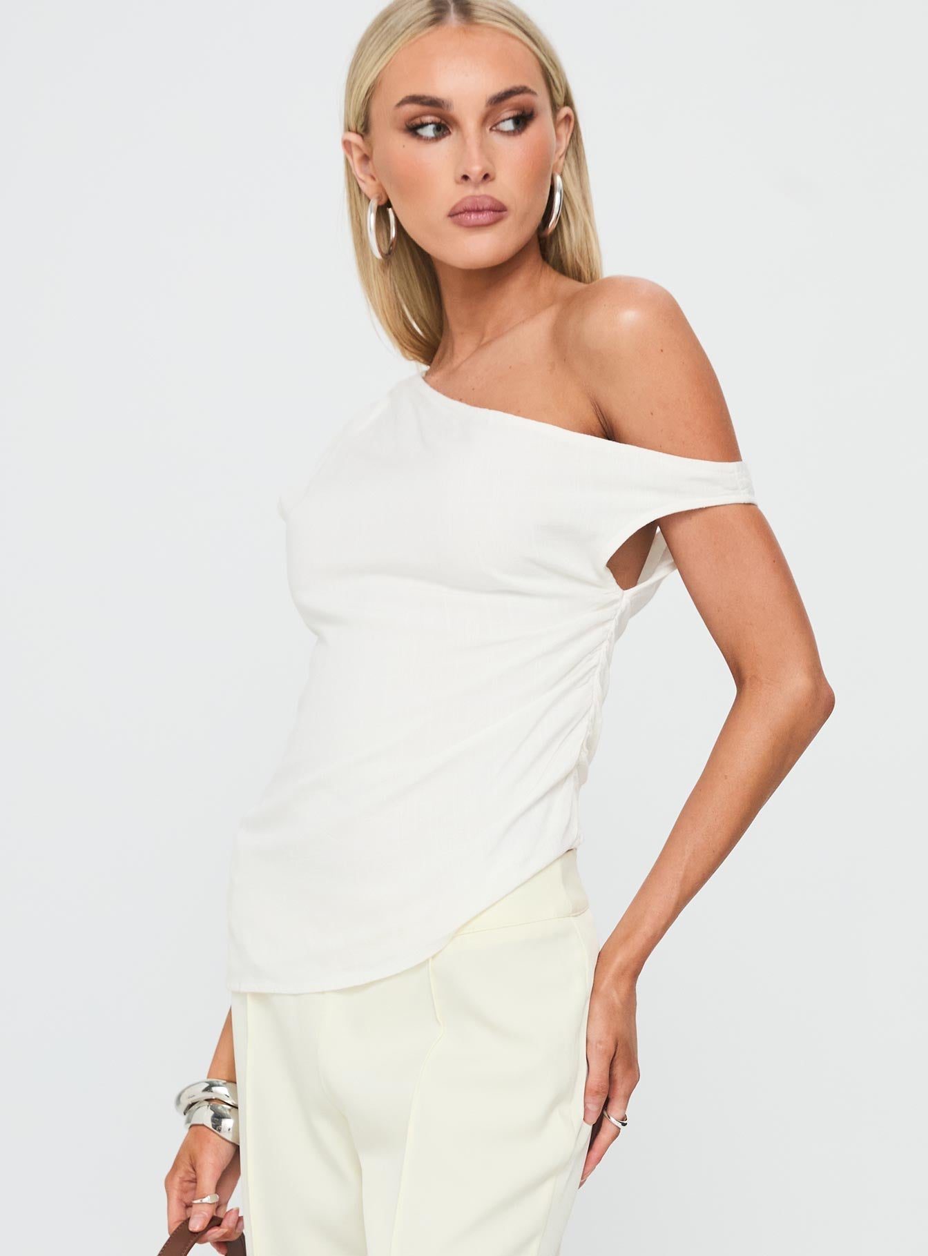 Kaylani One Shoulder Drape Top White