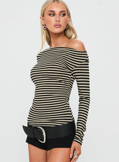 Dereka One Shoulder Long Sleeve Top Beige Stripe