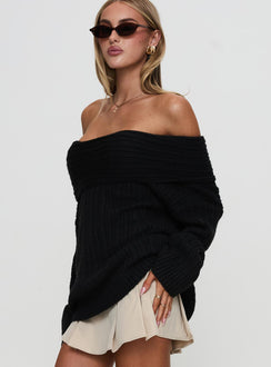 side view of model wearing Princess Polly Snowie Off Shoulder Knit Sweater Black Long 