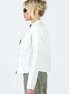 Jacket Faux leather material High neck Zip & press button fastening at front Twin hip pockets Non-stretch