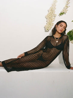 Black Long sleeve maxi dress Crochet knit sheer material, crew neckline, ribbed cuffs and hem