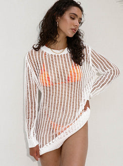 Long sleeve mini dress  Crochet knit sheer material, crew neckline, ribbed cuffs & hem Good stretch, unlined 