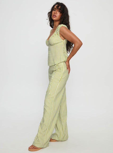 back view of model wearing Princess Polly With Pleasure Tie Side Pant Green / Blue Stripe Mid Rise Pants 