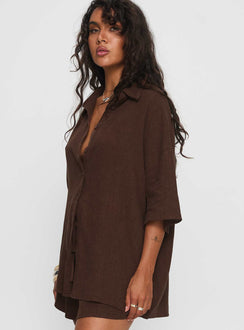 Peni Linen Button Down Top Chocolate
